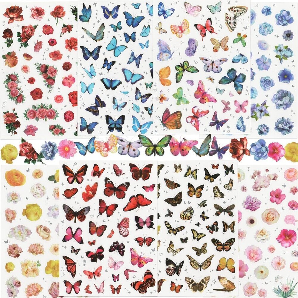 Butterfly Floral Stickers8 Sheets/ 260+pcs PET Transparent Colorful Nature Stick